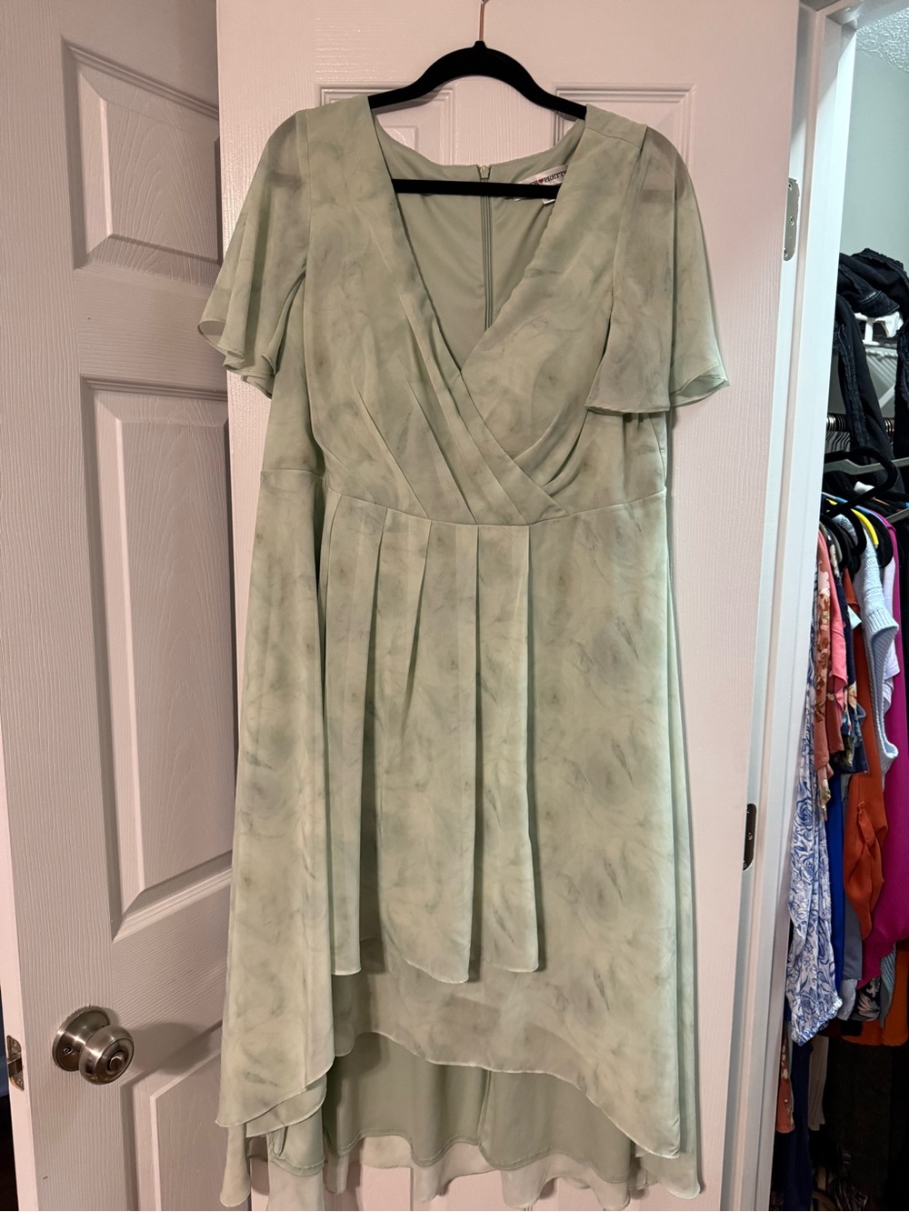 Ever Pretty Sage Green Faux-Wrap Midi Dress with Flutter Sleeves